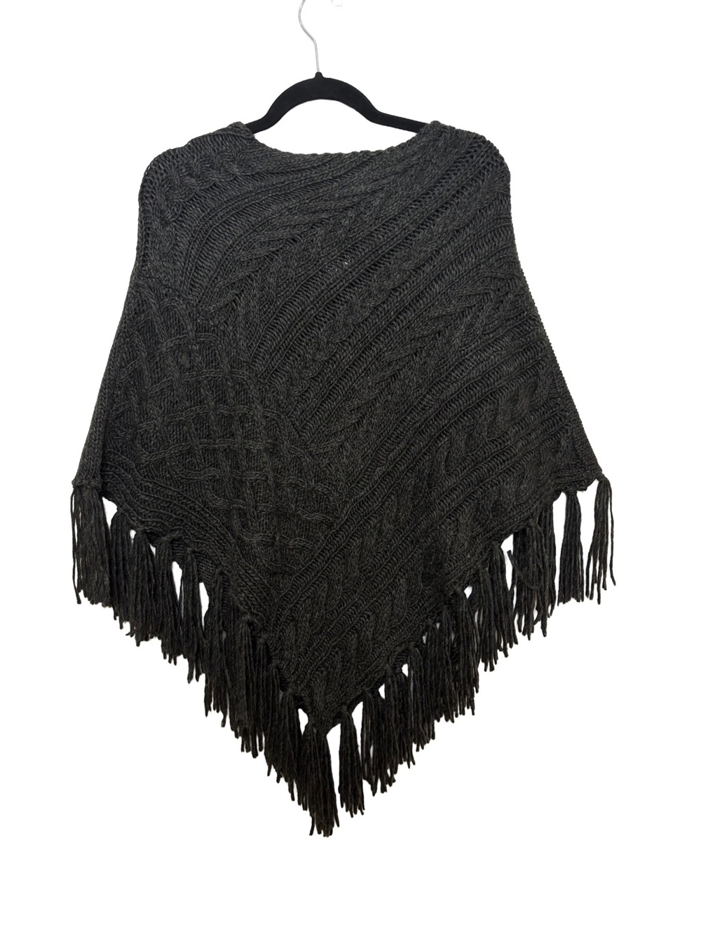 Y2K Chaps Charcoal Fringe Cable Knit Poncho Sweater